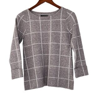 TAHARI Taupe White Windowpane Plaid 3/4 Sleeves Pullover Sweater Women's Size S